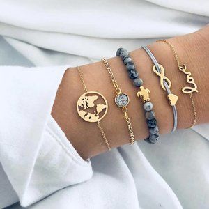 Boho Black Beaded Gold Chain Charm Bracelet Set
